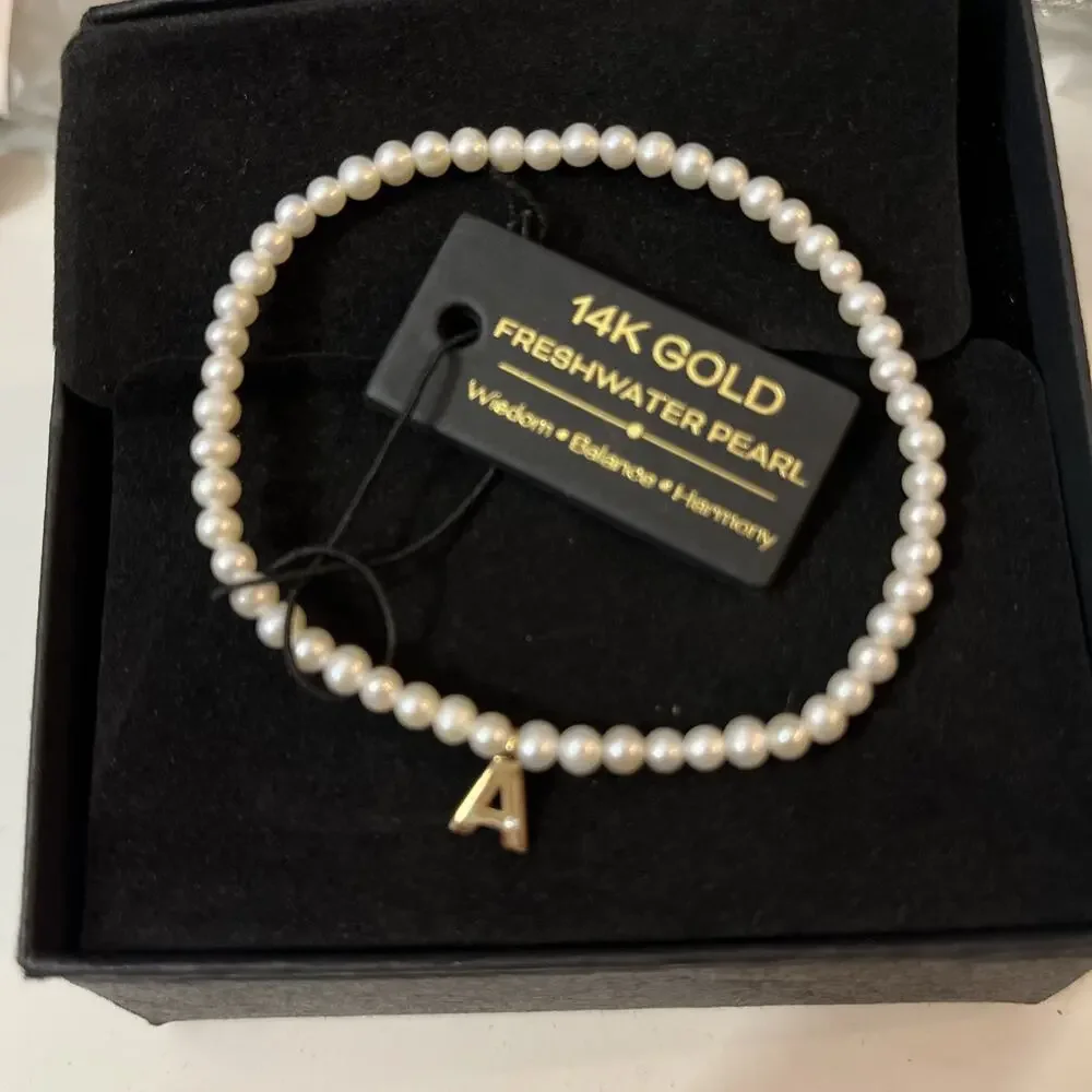 Freshwater Pearl Initial “A” Bracelet 14K Gold Pendant (J2)